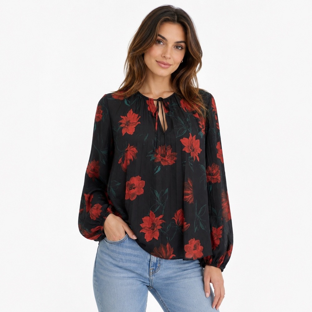 Express Floral Blouse Small Black Red Tie Neck Long Sleeve Pleated Office